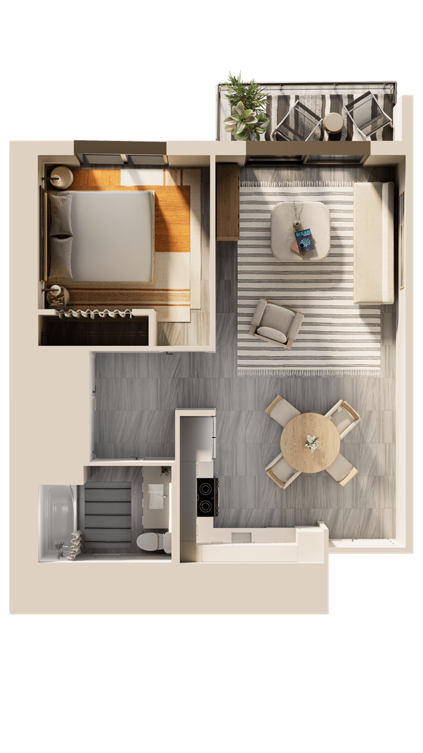 A dollhouse with a grey and white color scheme and a brown door.